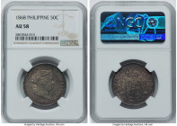 Spanish Colony. Isabel II 50 Centimos 1868 AU58 NGC, Manila mint, KM147. Scarce this close to Mint State, exhibiting light handling. HID09801242017 © ...