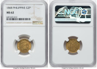 Spanish Colony. Isabel II gold 2 Pesos 1868 MS62 NGC, Manila mint, KM143. Ranked at the second-finest grade level across the major certification compa...