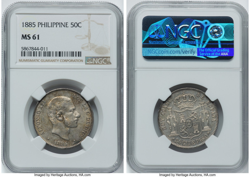 Spanish Colony. Alfonso XII Pair of Assorted silver Issues 1885 NGC, 1) 50 Centi...