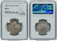 Spanish Colony. Alfonso XII Pair of Assorted silver Issues 1885 NGC, 1) 50 Centimos MS61, KM150 2) 20 Centimos AU53, KM149 Manila mint. HID09801242017...