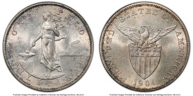 USA Administration Peso 1904-S MS63 PCGS, San Francisco mint, KM168. Starting to accrue a champagne patina dappled with deep navy and plum tones. HID0...