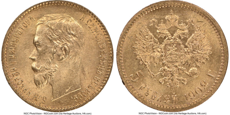 Nicholas II gold 5 Roubles 1902-AP MS66 NGC, St. Petersburg mint, KM-Y62, Bit-29...