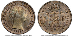 Isabel II Real 1853 MS66 PCGS, Barcelona mint (8 point Star mm), KM598.1, Cal-276. A charming piece with smooth shimmering surfaces, adorned by dark e...