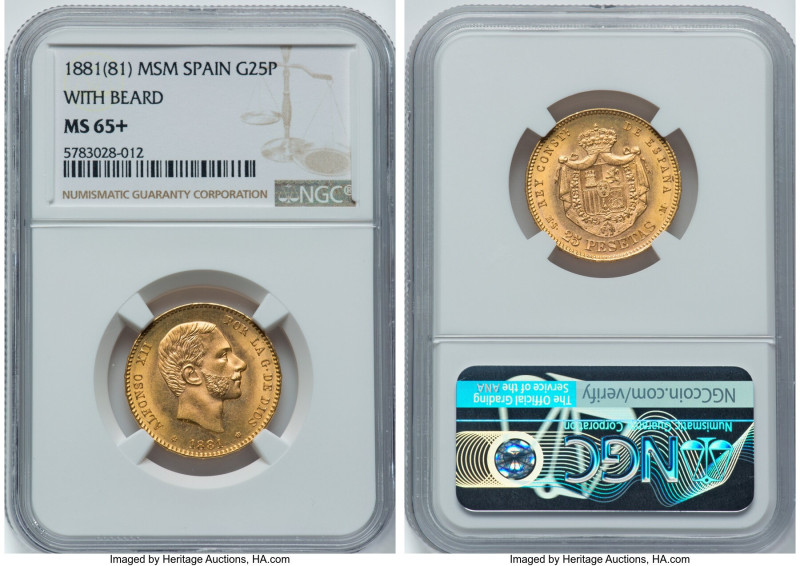 Alfonso XII gold 25 Pesetas 1881(81) MS-M MS65+ NGC, Madrid mint, KM687. A bold ...
