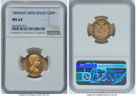 Alfonso XIII gold 20 Pesetas 1889(89) MP-M MS64 NGC, Madrid mint, KM693, Cal-113. A charming example endorsed by reflective fields and excellent mint ...