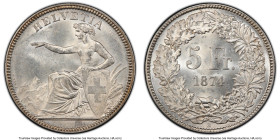 Confederation Specimen 5 Francs 1874-B SP63 PCGS, Bern mint, KM11, Dav-376. A luscious layer of snow-white mint frost envelopes this beautiful Choice ...