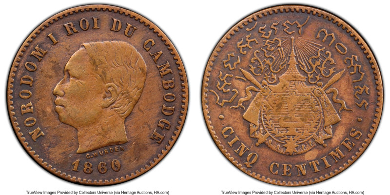 Pair of Certified Assorted Issues PCGS, 1) Cambodia. Norodom I bronze 5 Centimes...