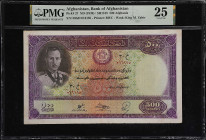 AFGHANISTAN. Afghanistan Bank. 500 Afghanis, ND (1939). P-27. PMG Very Fine 25.
SH1318. Printed by BWC. King M. Zahir at left, and in the watermark a...