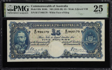 AUSTRALIA. Commonwealth of Australia. 5 Pounds, ND (1933-39). P-23b. R44b. PMG Very Fine 25.
Bright inks are retained on this note which spent a fair...