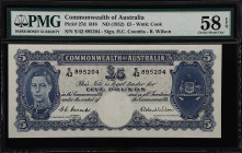 AUSTRALIA. Commonwealth Bank of Australia. 5 Pounds, ND (1952). P-27d. R48. PMG Choice About Uncirculated 58 EPQ.
A fully original design with just a...