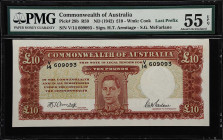 AUSTRALIA. Commonwealth Bank of Australia. 10 Pounds, ND (1942). P-28b. R59. PMG About Uncirculated 55 EPQ.
R59. Last Prefix. Some minor hints of cir...