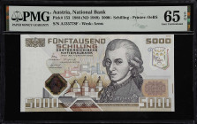 AUSTRIA. Oesterreichische Nationalbank. 5000 Schilling, 1988. P-153. PMG Gem Uncirculated 65 EPQ.
A most pleasing example of the highest denomination...