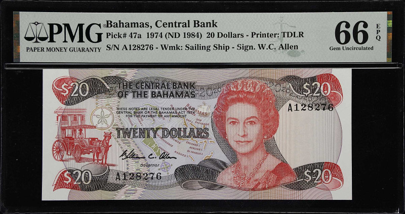 BAHAMAS. Central Bank of the Bahamas. 20 Dollars, 1974 (ND 1984). P-47a. PMG Gem...