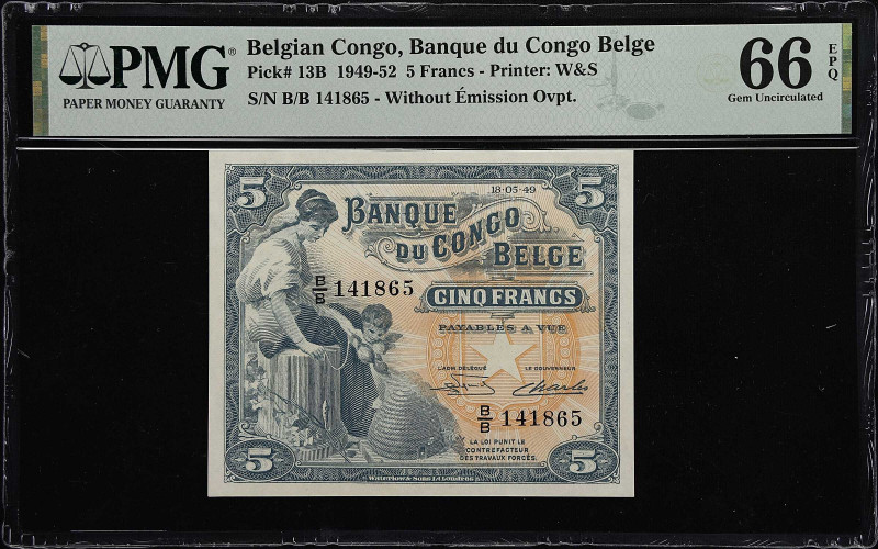 BELGIAN CONGO. Banque du Congo Belge. 5 Francs, 1949. P-13B. PMG Gem Uncirculate...