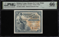 BELGIAN CONGO. Banque du Congo Belge. 5 Francs, 1949. P-13B. PMG Gem Uncirculated 66 EPQ.
A Waterlow and Sons design which is frequented for Belgian ...