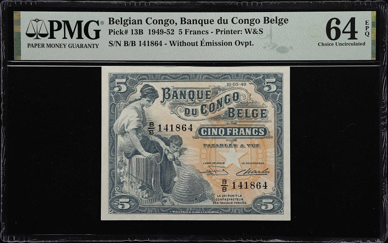 BELGIAN CONGO. Banque du Congo Belge. 5 Francs, 1949. P-13B. PMG Choice Uncircul...