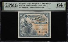 BELGIAN CONGO. Banque du Congo Belge. 5 Francs, 1949. P-13B. PMG Choice Uncirculated 64 EPQ.
Printed by W&S. Without Emission Ovpt. Fully original wi...