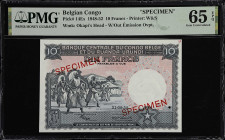 BELGIAN CONGO. Banque Centrale du Congo Belge et du Ruanda Urundi. 10 Francs, 1952. P-14Es. Specimen. PMG Gem Uncirculated 65 EPQ.
A lovely, well mar...