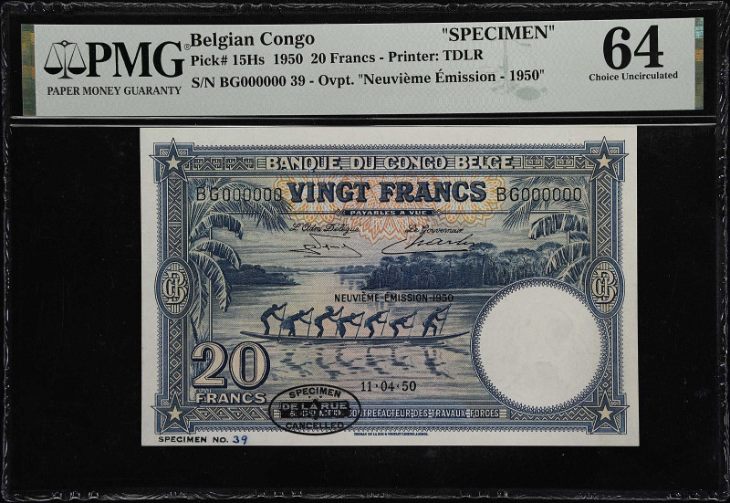 BELGIAN CONGO. Banque du Congo Belge. 20 Francs, 1950. P-15Hs. Specimen. PMG Cho...