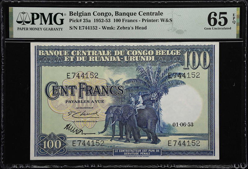 Tied for Top Pop! 100 Franc Elephant Note
BELGIAN CONGO. Banque Centrale du Con...