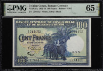 Tied for Top Pop! 100 Franc Elephant Note
BELGIAN CONGO. Banque Centrale du Congo Belge et du Ruanda-Urundi. 100 Francs, 1953. P-25a. PMG Gem Uncircu...
