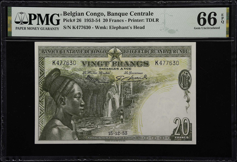 BELGIAN CONGO. Banque Centrale du Congo Belge et du Ruanda Urundi. 20 Francs, 19...