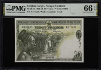 BELGIAN CONGO. Banque Centrale du Congo Belge et du Ruanda Urundi. 20 Francs, 1953. P-26. PMG Gem Uncirculated 66 EPQ.
An incredible Belgian Congo of...