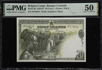 BELGIAN CONGO. Banque Centrale du Congo Belge et du Ruanda-Urundi. 20 Francs, 1953. P-26. PMG About Uncirculated 50.
Engravings a waterfall and the Q...