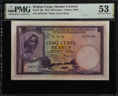 BELGIAN CONGO. Banque Centrale du Congo Belge et du Ruanda-Urundi. 500 Francs, 1955. P-28b. PMG About Uncirculated 53.
Printed by BWC. Watermark of l...