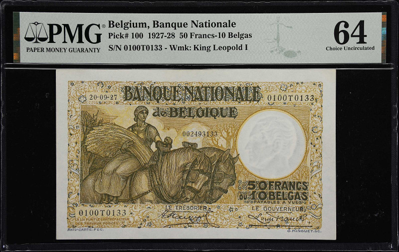BELGIUM. Banque Nationale de Belgique. 50 Francs-10 Belgas, 1927-28. P-100. PMG ...