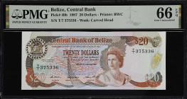 BELIZE. Central Bank of Belize. 20 Dollars, 1987. P-49b. PMG Gem Uncirculated 66 EPQ.
A popular QEII note in gem condition.

Estimate: $500.00- $70...