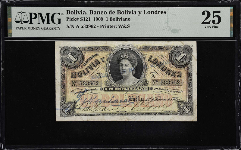 BOLIVIA. Banco de Bolivia y Londres. 1 Boliviano, 1909. P-S121. PMG Very Fine 25...