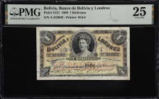 BOLIVIA. Banco de Bolivia y Londres. 1 Boliviano, 1909. P-S121. PMG Very Fine 25.
An average circulated example of this elusive issue. It is possible...