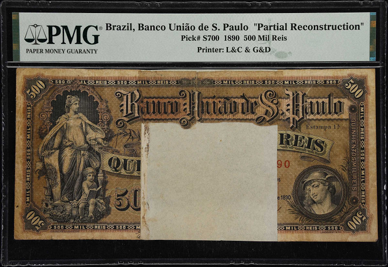 BRAZIL. Banco Uniao de S. Paulo. 500 Mil Reis, 1890. P-S700. PMG. "Partial Recon...
