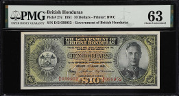 BRITISH HONDURAS. Government of British Honduras. 10 Dollars, 1951. P-27c. PMG Choice Uncirculated 63.
This note boasts excellent color and exhibits ...