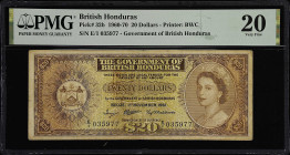BRITISH HONDURAS. Government of British Honduras. 20 Dollars, 1961. P-32b. PMG Very Fine 20.
A key 1961 date on this high denomination British Hondur...