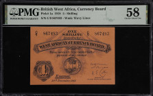 BRITISH WEST AFRICA. Currency Board. 1 Shilling. P-1a. PMG Choice About Uncirculated 58.
Lightly circulated. Watermark of Wavy lines.

Estimate: $3...