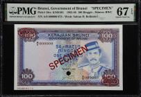 BRUNEI. Government of Brunei. 100 Ringgit, 1988. P-10cs. KNB10S. PMG Superb Gem Uncirculated 67 EPQ.
This is a pleasing, well centered Specimen note ...