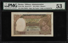 BURMA. Reserve Bank of India. 5 Rupees, ND (1945). P-26a. Jhun5.10.1. PMG About Uncirculated 53.
Burma. Overprint on India P-18. PMG Comments "Staple...