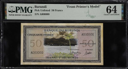 BURUNDI. Banque du Burundi. 50 Francs, ND. P-Unlisted. Front & Back Printer Models. PMG Choice Uncirculated 63 Stains & Choice Uncirculated 64.
Black...