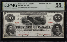 CANADA. Province of Canada. 20 Dollars, 1866. PC-6P1. Front Proof. PMG About Uncirculated 55.
This high denom Province of Canada note is extremely ra...