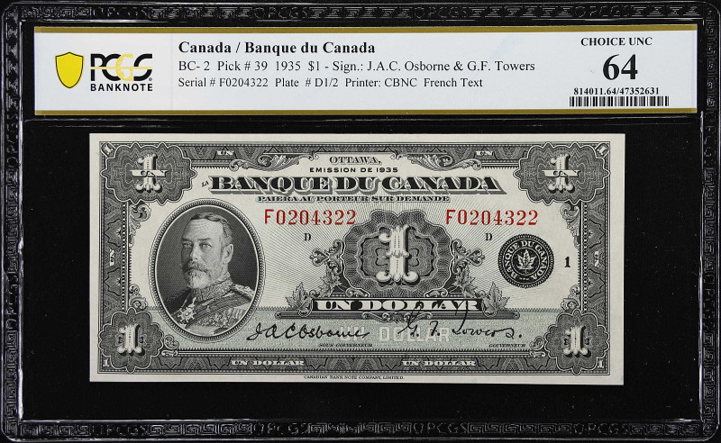 CANADA. Banque du Canada. 1 Dollars, 1935. BC-2. PCGS Banknote Choice Uncirculat...