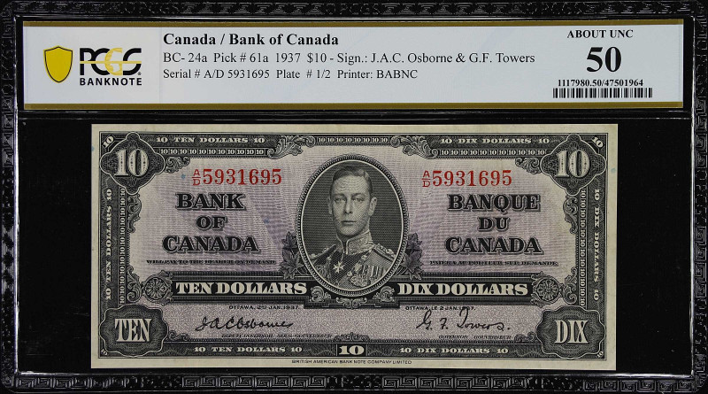 CANADA. Bank of Canada. 10 Dollars, 1937. BC-24a. PCGS Banknote About Uncirculat...