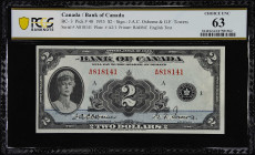 CANADA. Bank of Canada. 2 Dollars, 1935. BC-3. PCGS Banknote Choice Uncirculated 63.
Printed by BABNC. English text. Osborne-Towers. A tighter left m...