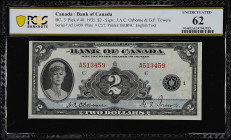 CANADA. Bank of Canada. 2 Dollars, 1935. BC-3. PCGS Banknote Uncirculated 62.
Printed by BABNC. English Text. Queen at left. Tight top margin limitin...