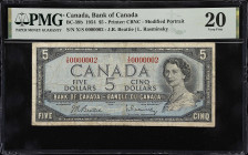 CANADA. Bank of Canada. 5 Dollars, 1954. BC-39b. Serial Number 2. PMG Very Fine 20.
Printed by CBNC. Modified Portrait. A sought after Serial Number ...