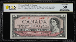 CANADA. Bank of Canada. 1000 Dollar, 1954. BC-44b. PCGS Banknote Choice About Uncirculated 58.
A lovely example of this note featuring the modified p...