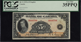 CANADA. Bank of Canada. 5 Dollar, 1935A. BC-5. PCGS Currency Very Fine 35 PPQ.
English text. A sought after Osborne-Towers, 1935A 5 Dollar with fully...