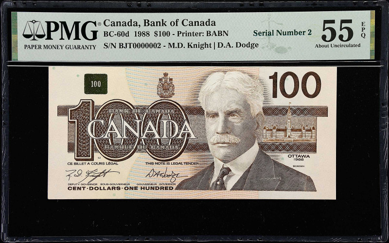 CANADA. Bank of Canada. 100 Dollars, 1988. BC-60d. Serial Number 2. PMG About Un...