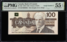 CANADA. Bank of Canada. 100 Dollars, 1988. BC-60d. Serial Number 2. PMG About Uncirculated 55 EPQ.
Printed by BABN. A 1988 $100 note that will appeal...